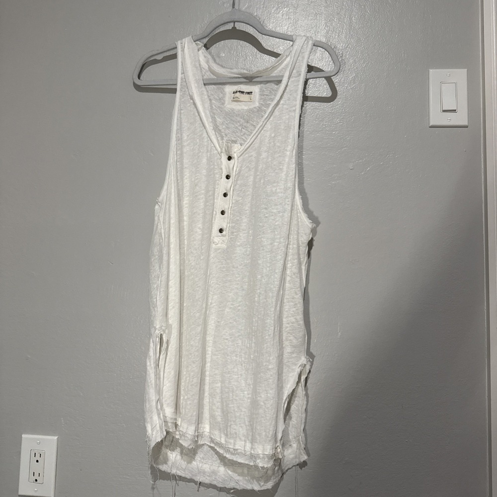 We The Free Henley Tank Top White Sleeveless Button Linen Blend OB2026525 L